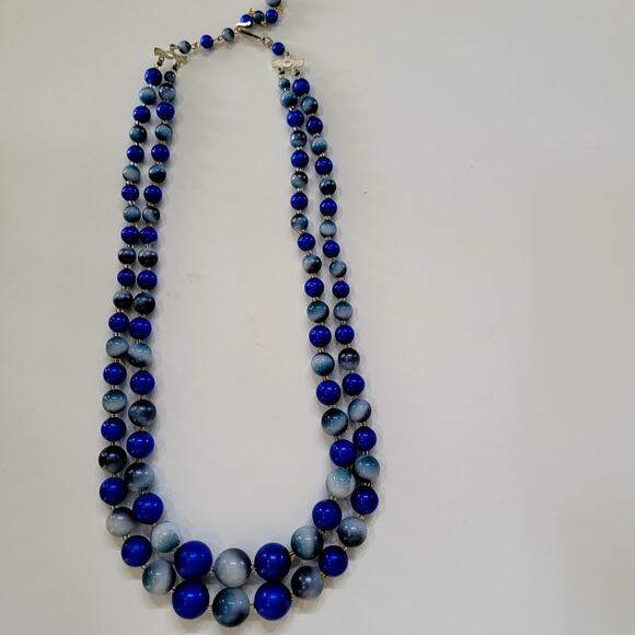 Vintage Double Strand Blue And Gray Beaded Necklace With Graduated Round Beads - Picture 1 of 10